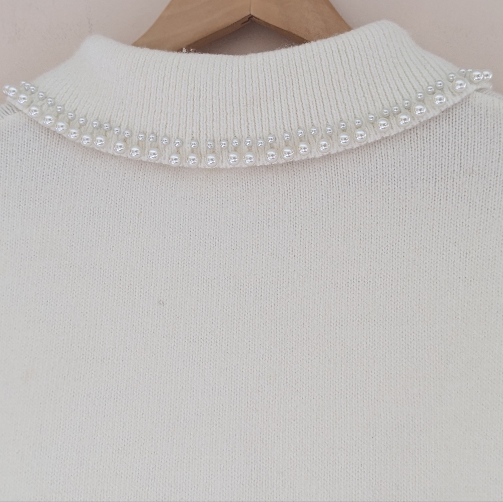 H&M Off White Knit Sweater Dress Pearl Bead Peter Pan Collar Large - Picture 10 of 16